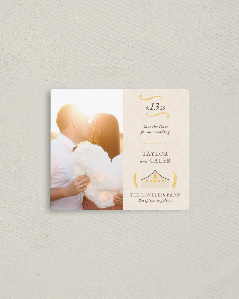 This is a 3½" x 4" Save the Date Magnet called Nashville Barn printed in full color with a Luxe Satin finish