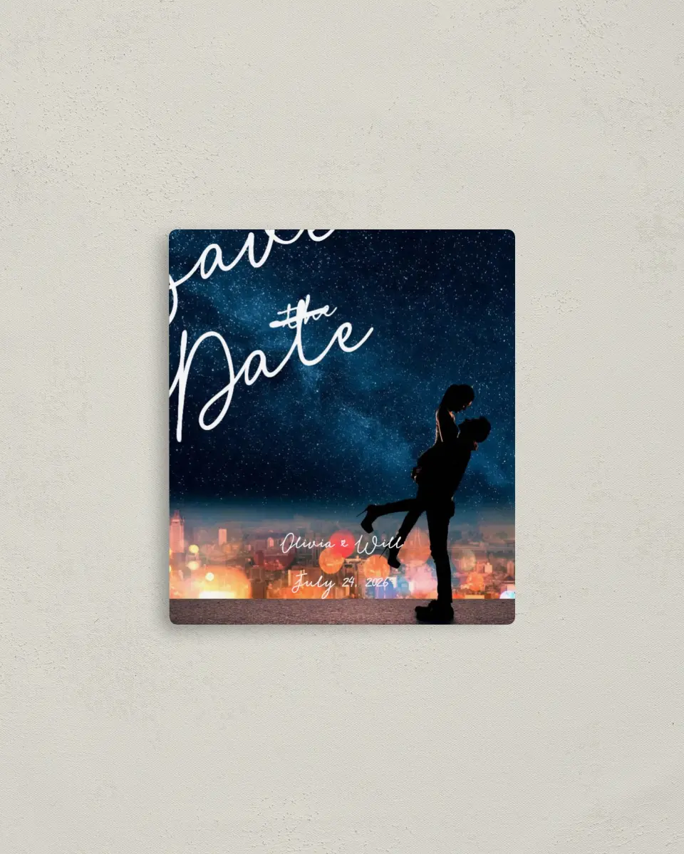 This is a 3½" x 4" Save the Date Magnet called Enchanted Day printed in full color with a Luxe Satin finish