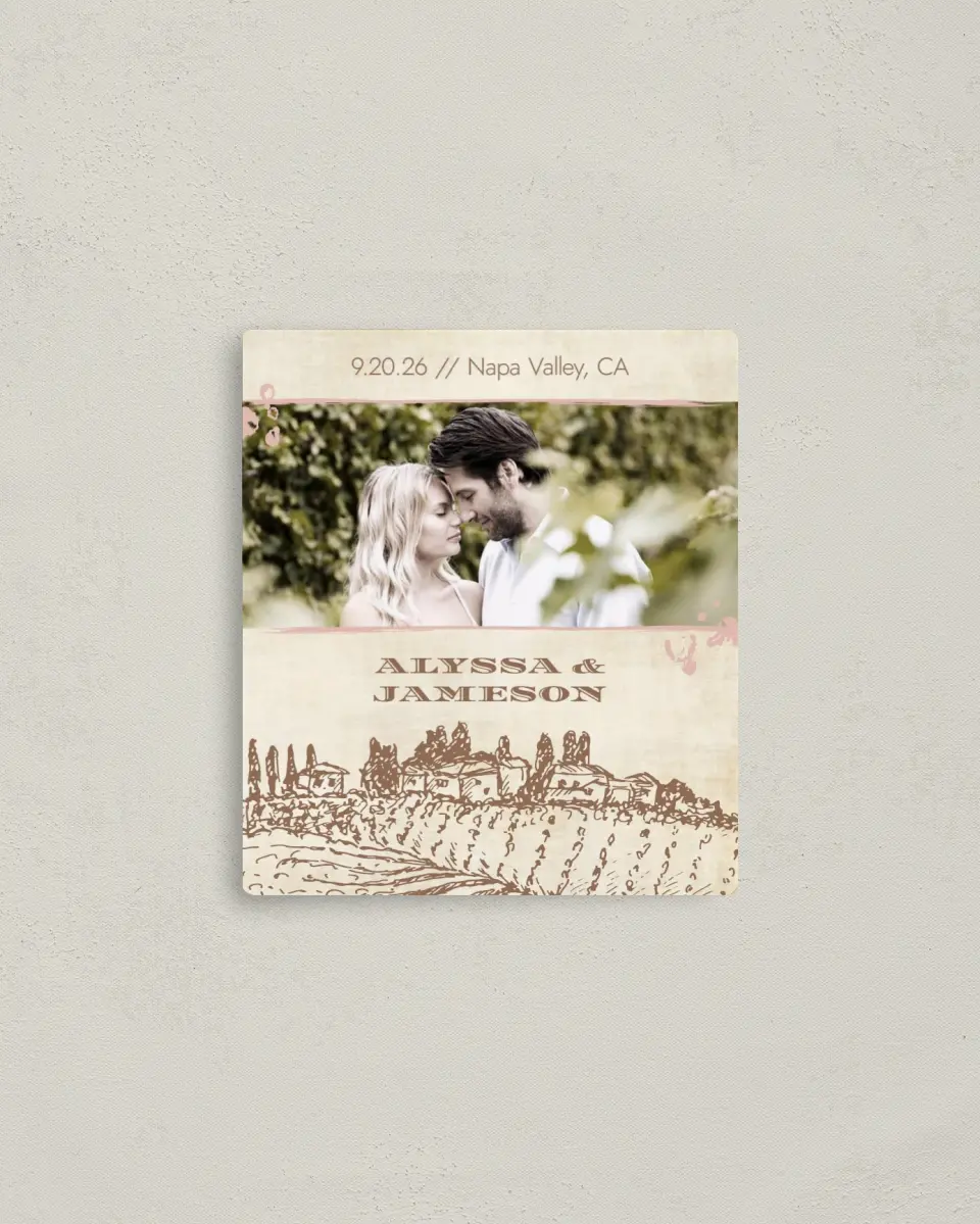 This is a 3½" x 4" Save the Date Magnet called Vineyard Romance printed in full color with a Luxe Satin finish