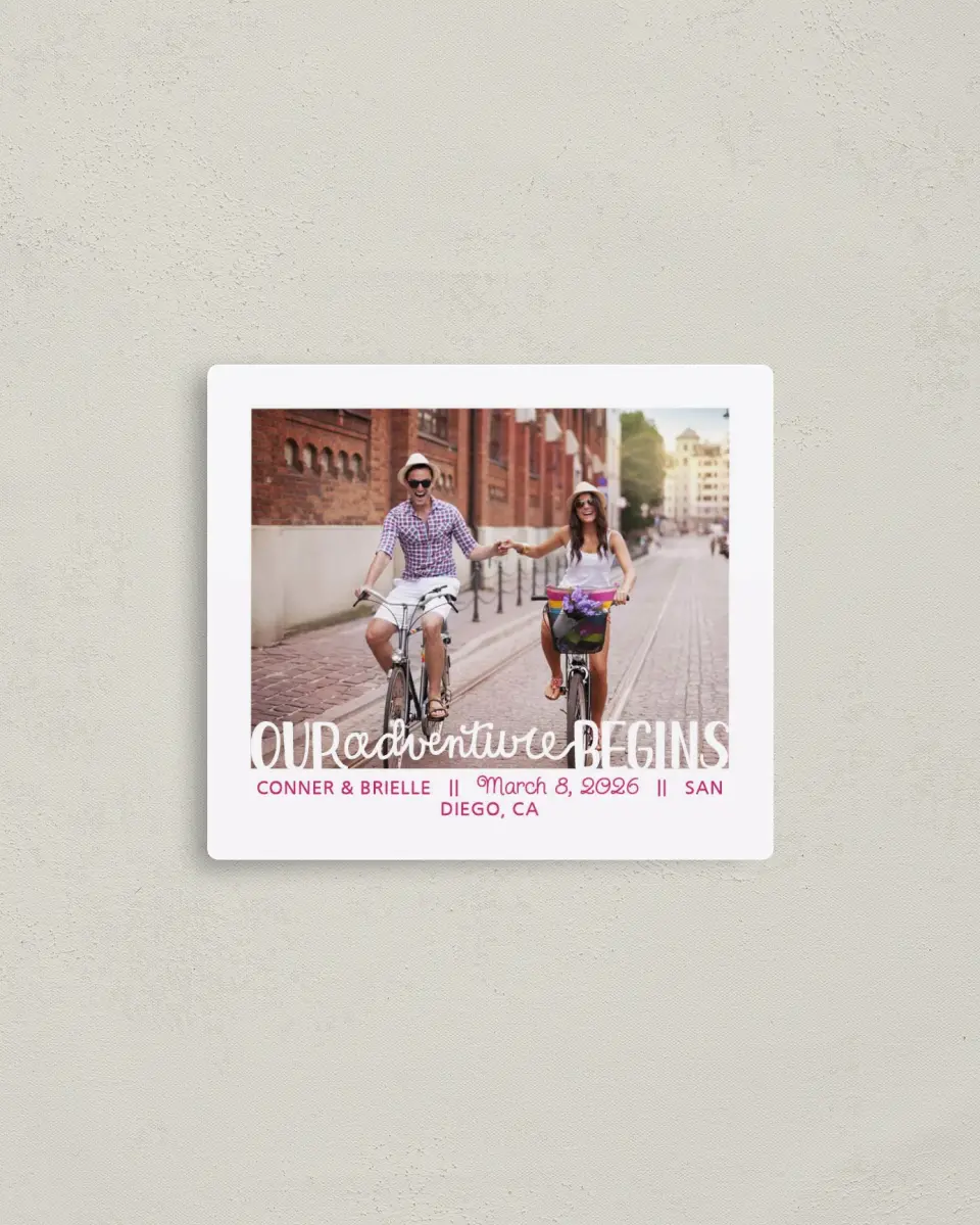 This is a 3½" x 4" Save the Date Magnet called Our Adventure Begins printed in full color with a Luxe Satin finish