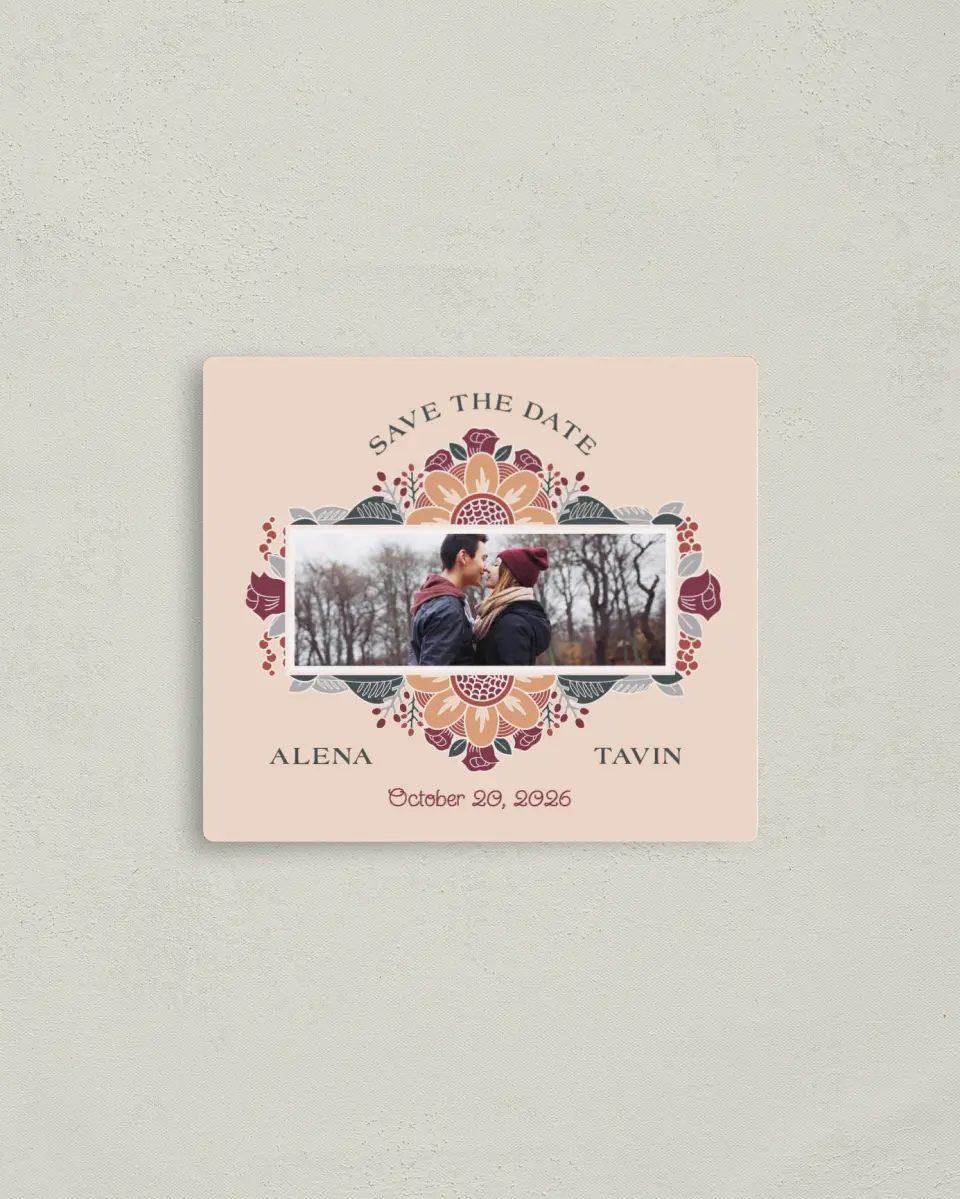 This is a 3½" x 4" Save the Date Magnet called Zentangle Bloom printed in full color with a Luxe Satin finish