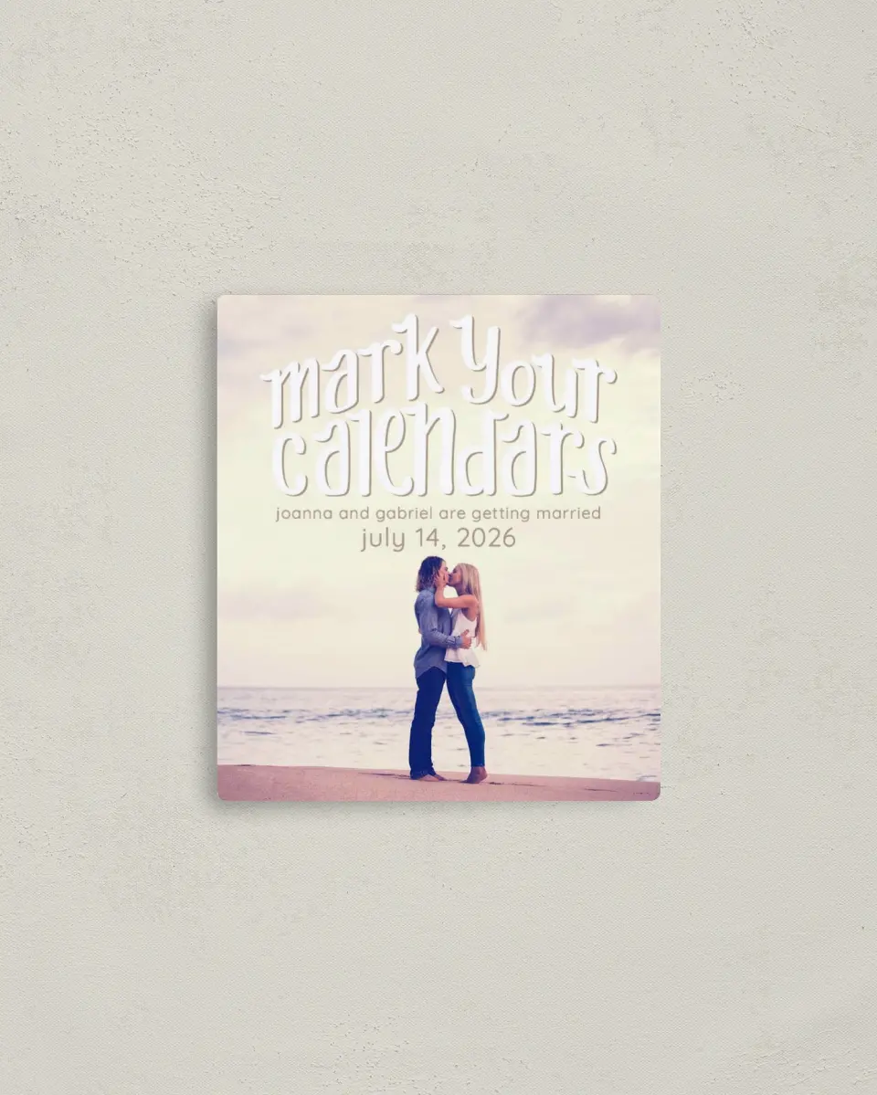 This is a 3½" x 4" Save the Date Magnet called Mark Your Calendar printed in full color with a Luxe Satin finish