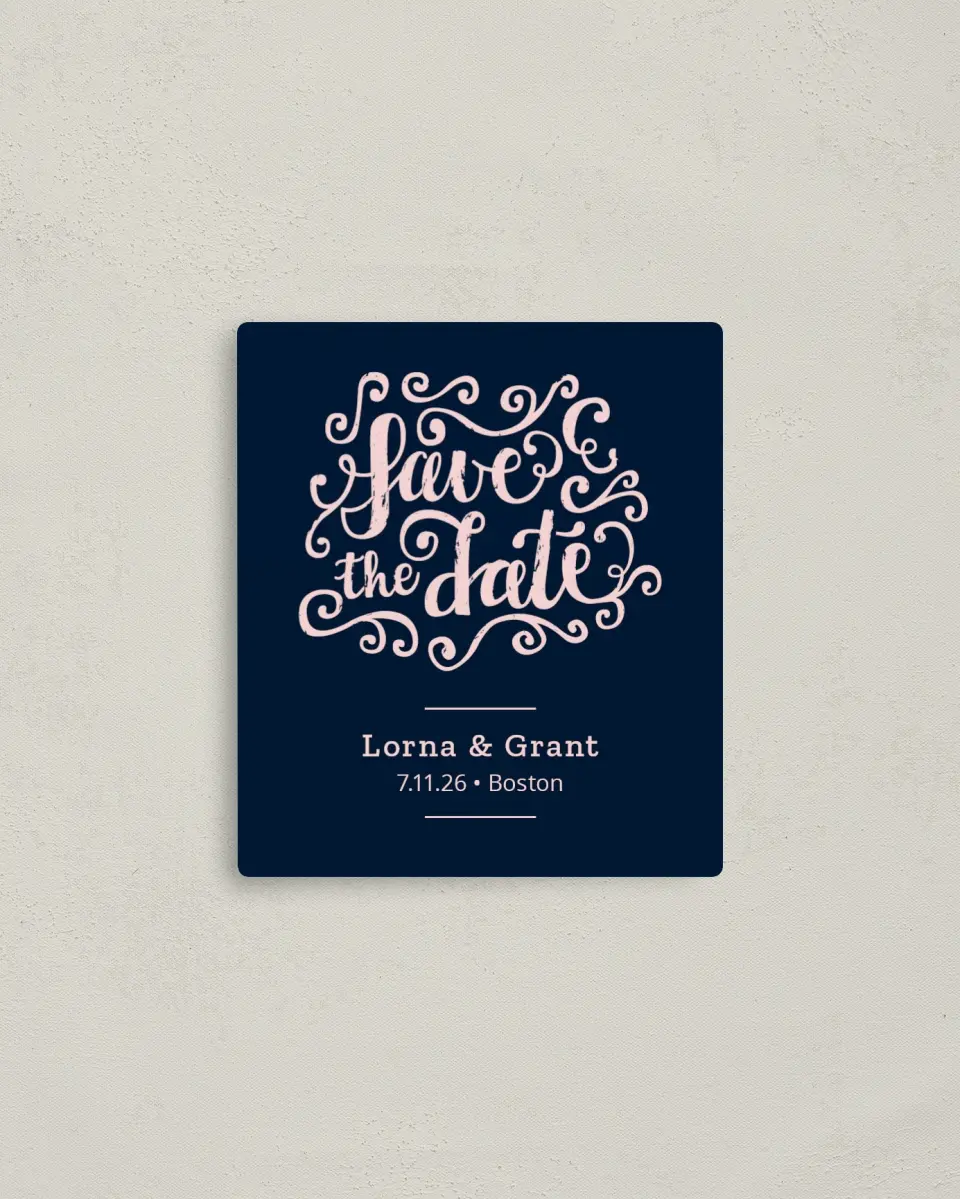 This is a 3½" x 4" Save the Date Magnet called Love Letters printed in full color with a Luxe Satin finish