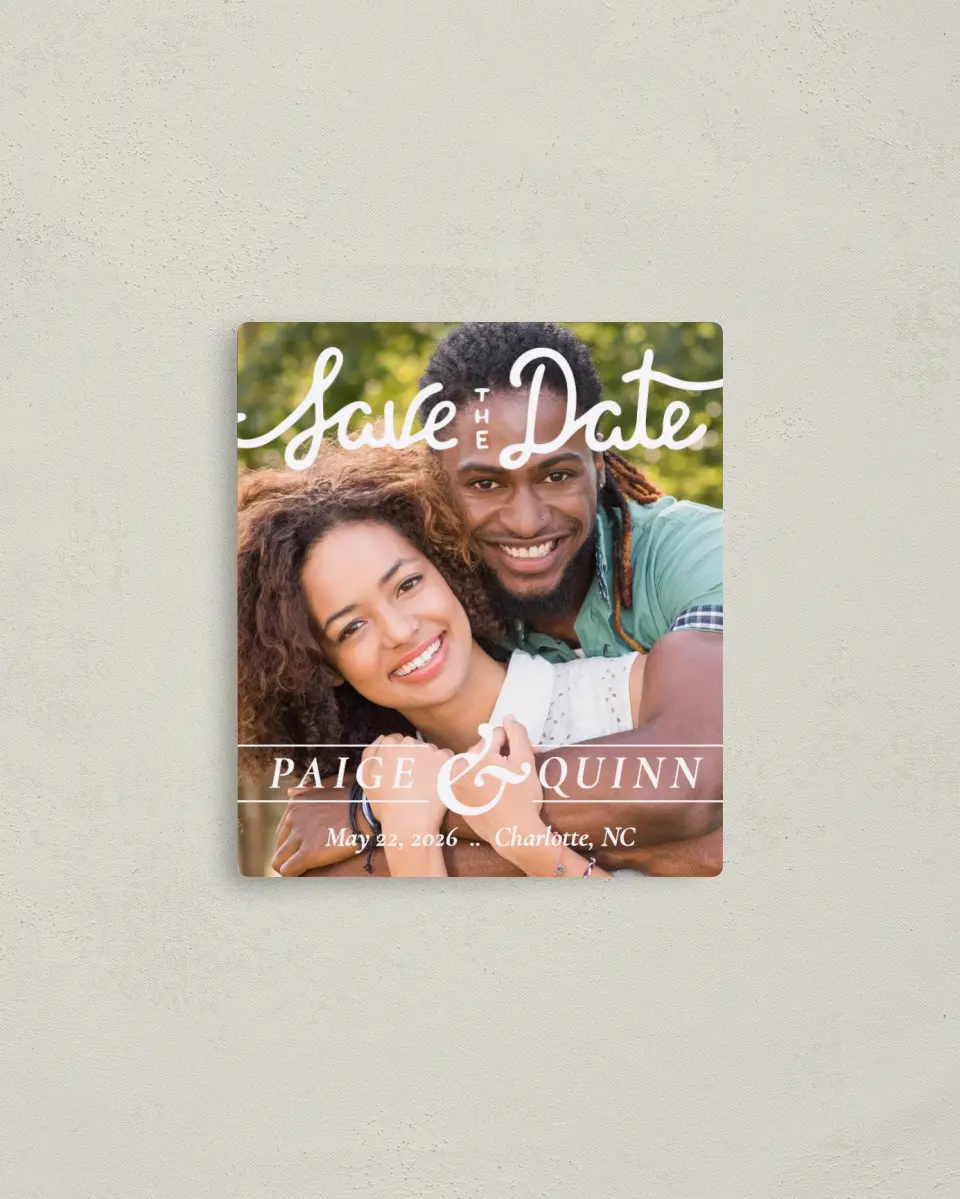 This is a 3½" x 4" Save the Date Magnet called Faithful Affection printed in full color with a Luxe Satin finish