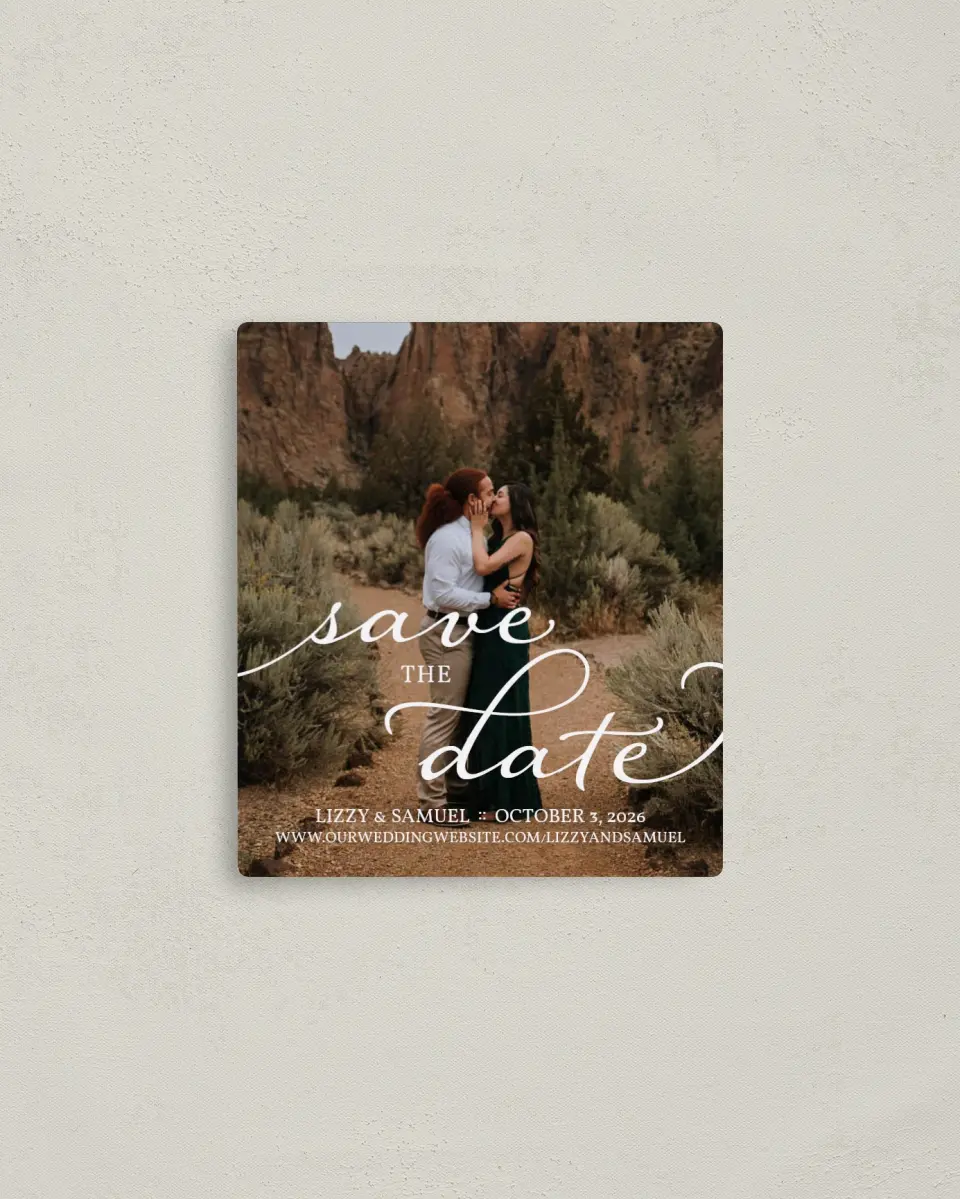 This is a 3½" x 4" Save the Date Magnet called Scripted Embrace printed in full color with a Luxe Satin finish