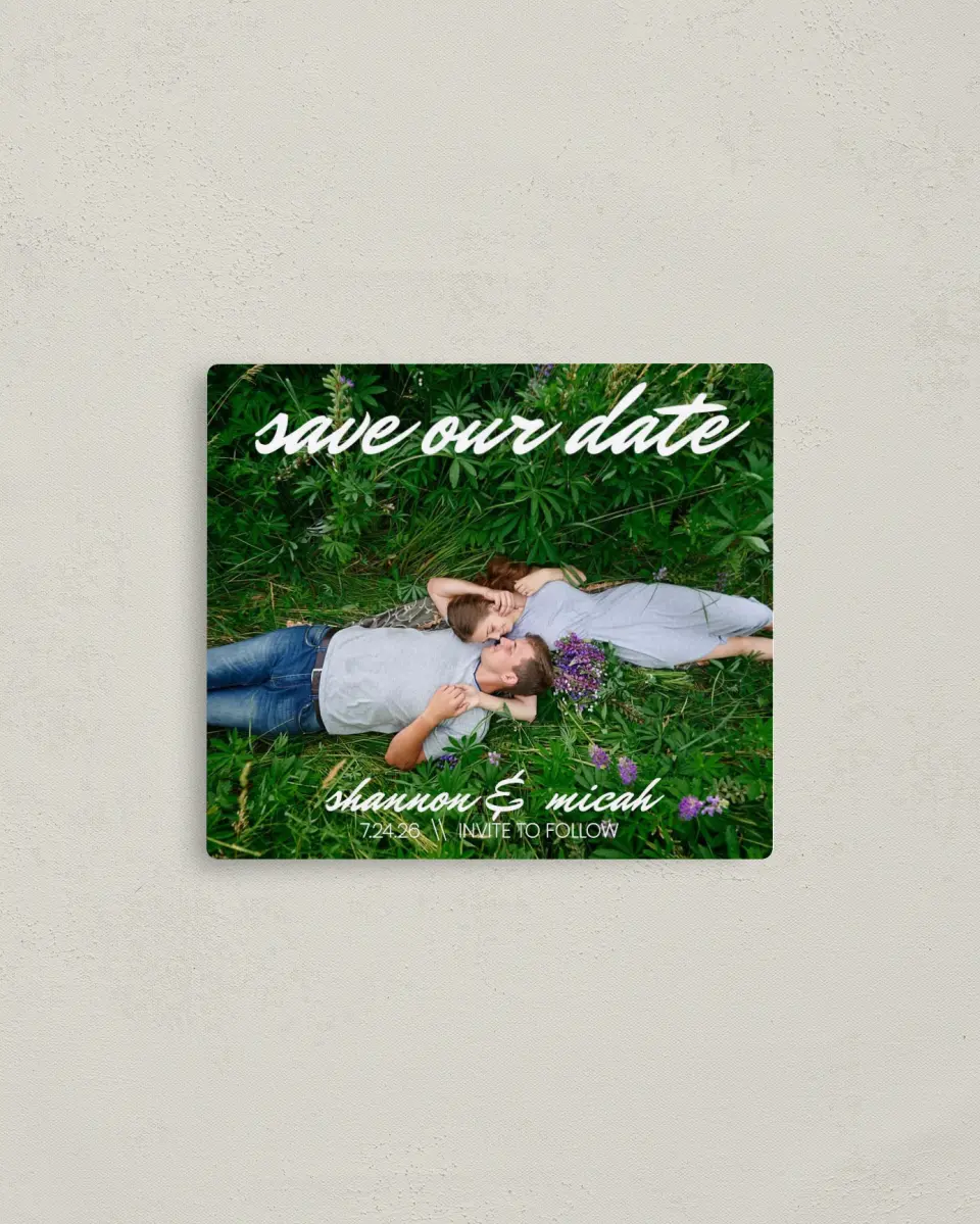 This is a 3½" x 4" Save the Date Magnet called Brushed Devotion printed in full color with a Luxe Satin finish