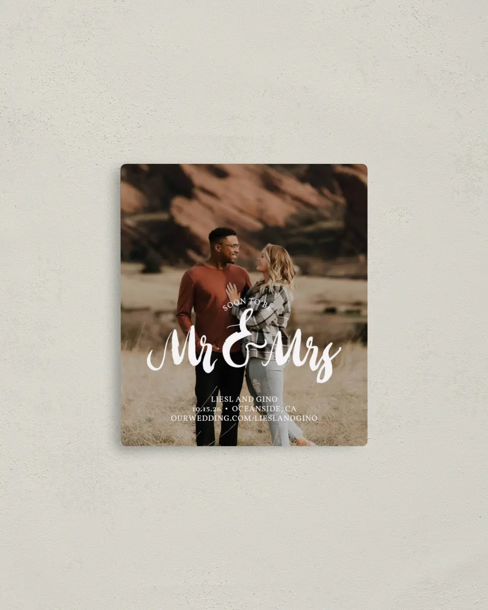 This is a 3½" x 4" Save the Date Magnet called Soon to Be printed in full color with a Luxe Satin finish