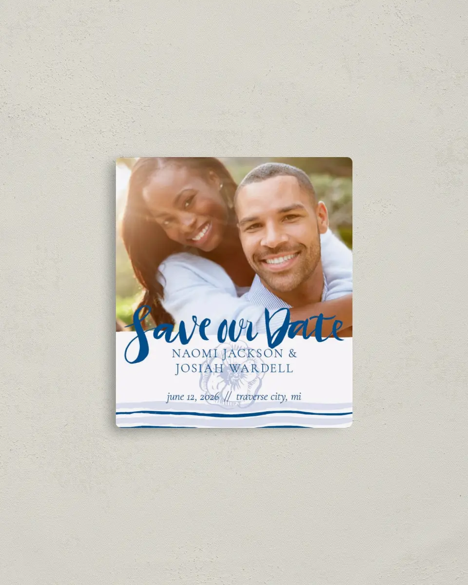 This is a 3½" x 4" Save the Date Magnet called Everlasting Bloom printed in full color with a Luxe Satin finish