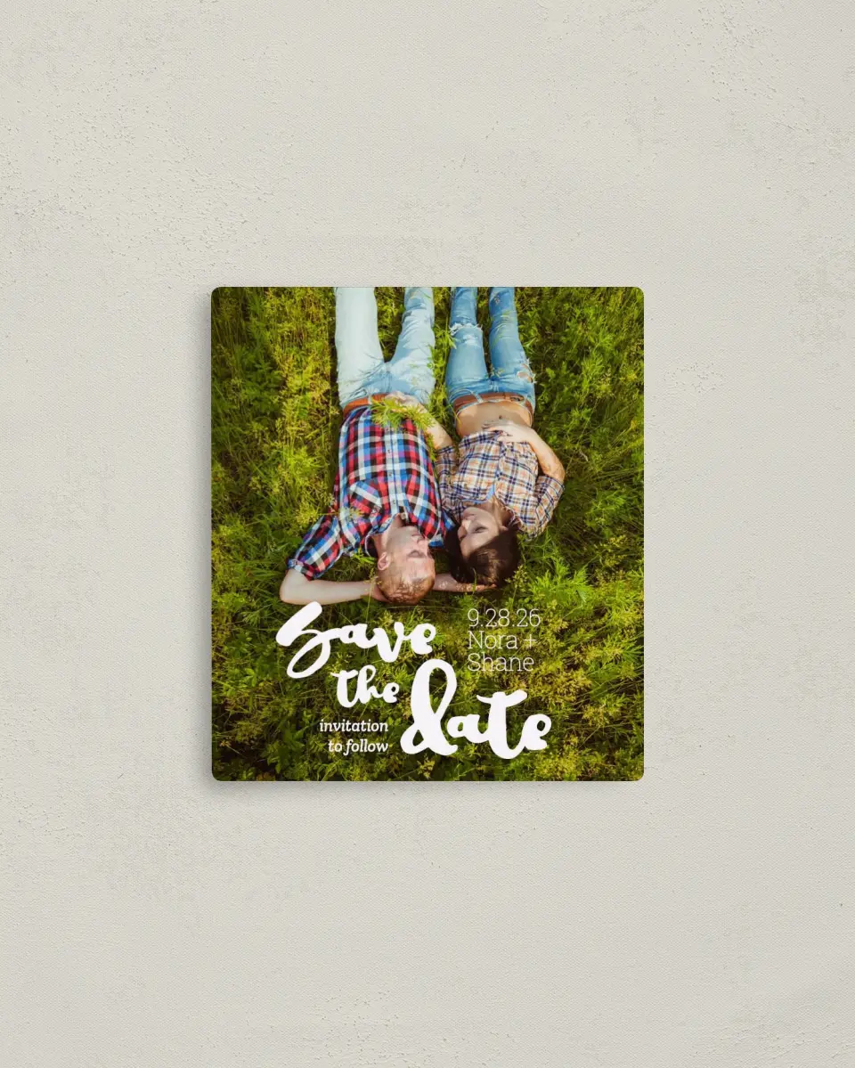 This is a 3½" x 4" Save the Date Magnet called Blissfully Hitched printed in full color with a Luxe Satin finish