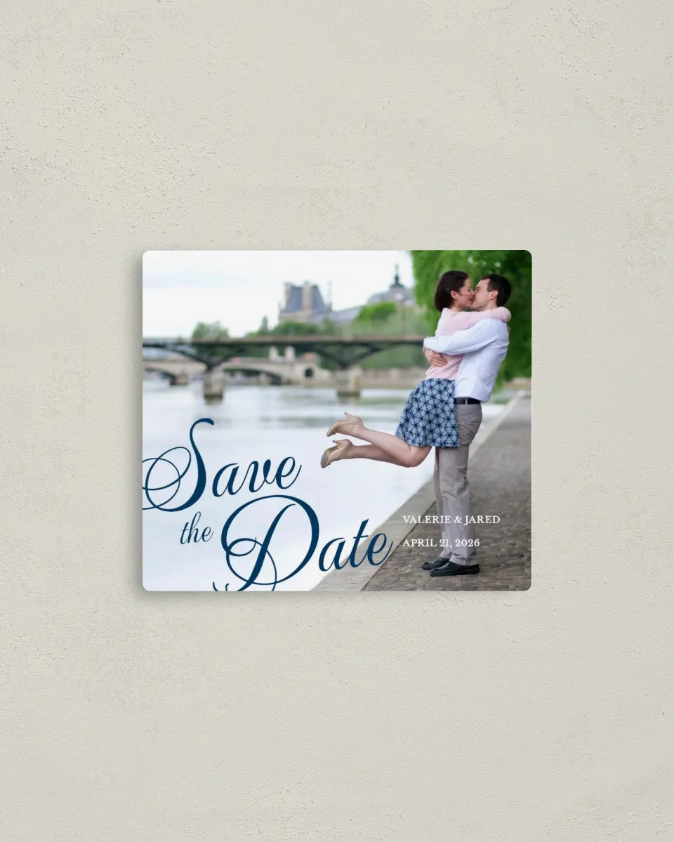 This is a 3½" x 4" Save the Date Magnet called Fairytale Script printed in full color with a Luxe Satin finish