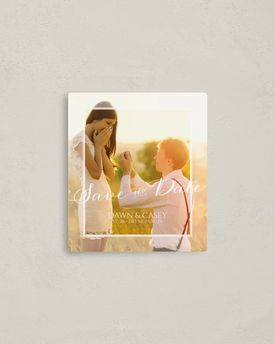 This is a 3½" x 4" Save the Date Magnet called Heartfelt Frame printed in full color with a Luxe Satin finish