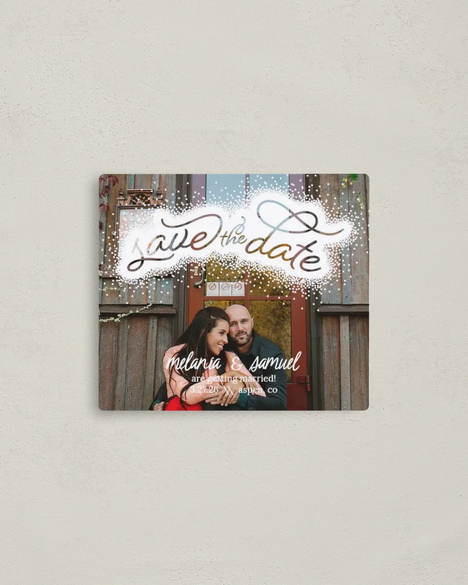 This is a 3½" x 4" Save the Date Magnet called Sprinkled Bliss printed in full color with a Luxe Satin finish