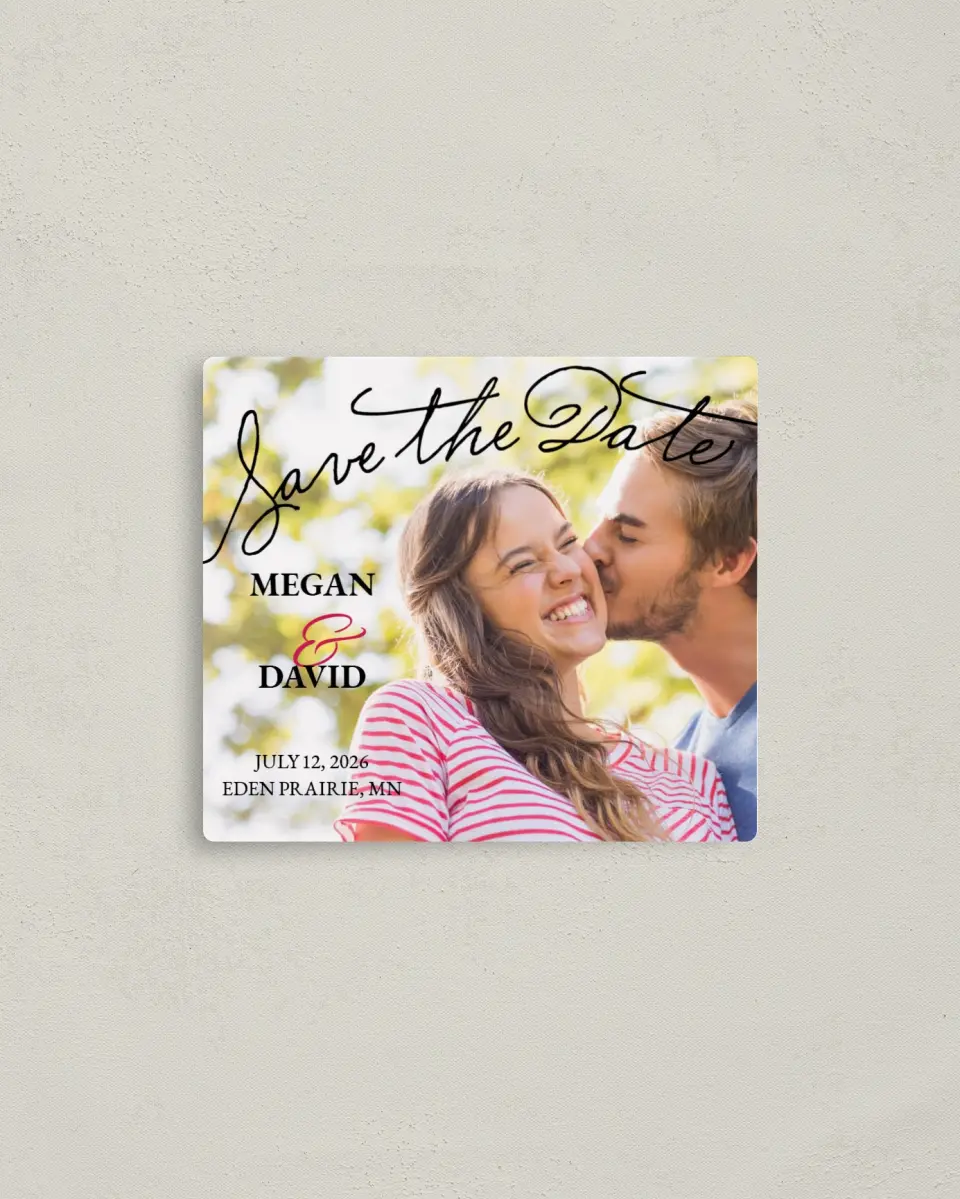 This is a 3½" x 4" Save the Date Magnet called Stylish Script printed in full color with a Luxe Satin finish