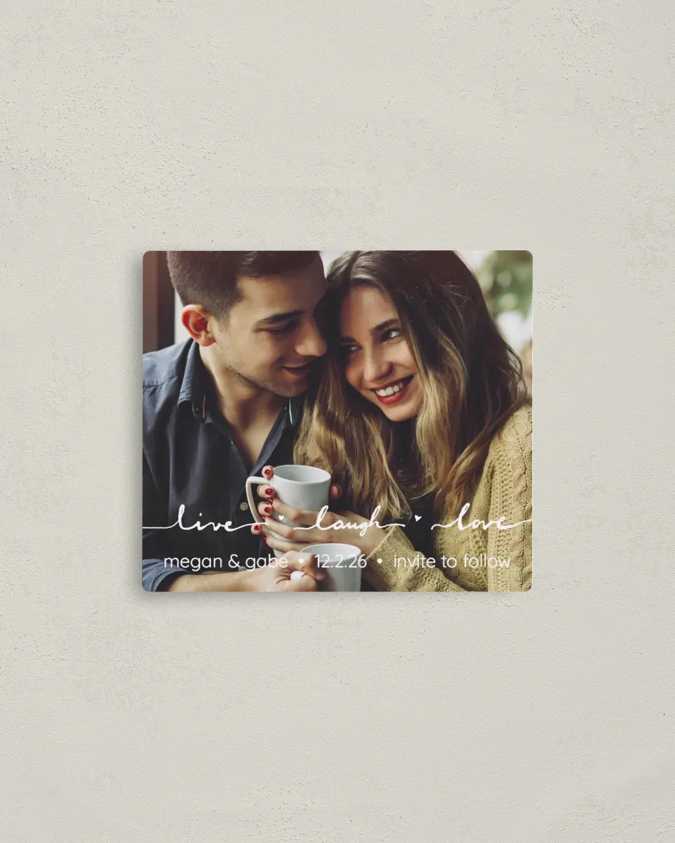 This is a 3½" x 4" Save the Date Magnet called Love Much printed in full color with a Luxe Satin finish