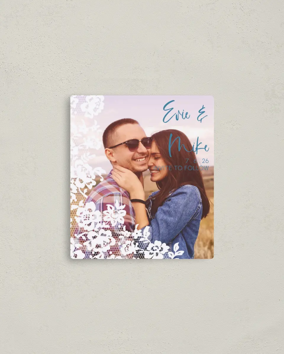 This is a 3½" x 4" Save the Date Magnet called Modern Lace printed in full color with a Luxe Satin finish
