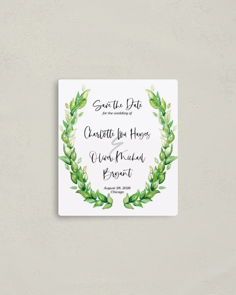 This is a 3½" x 4" Save the Date Magnet called Painterly Bouquet printed in full color with a Luxe Satin finish