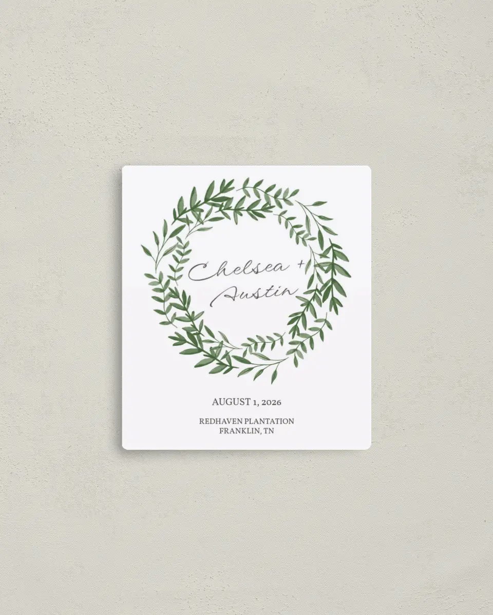 This is a 3½" x 4" Save the Date Magnet called Watercolor Laurel printed in full color with a Luxe Satin finish