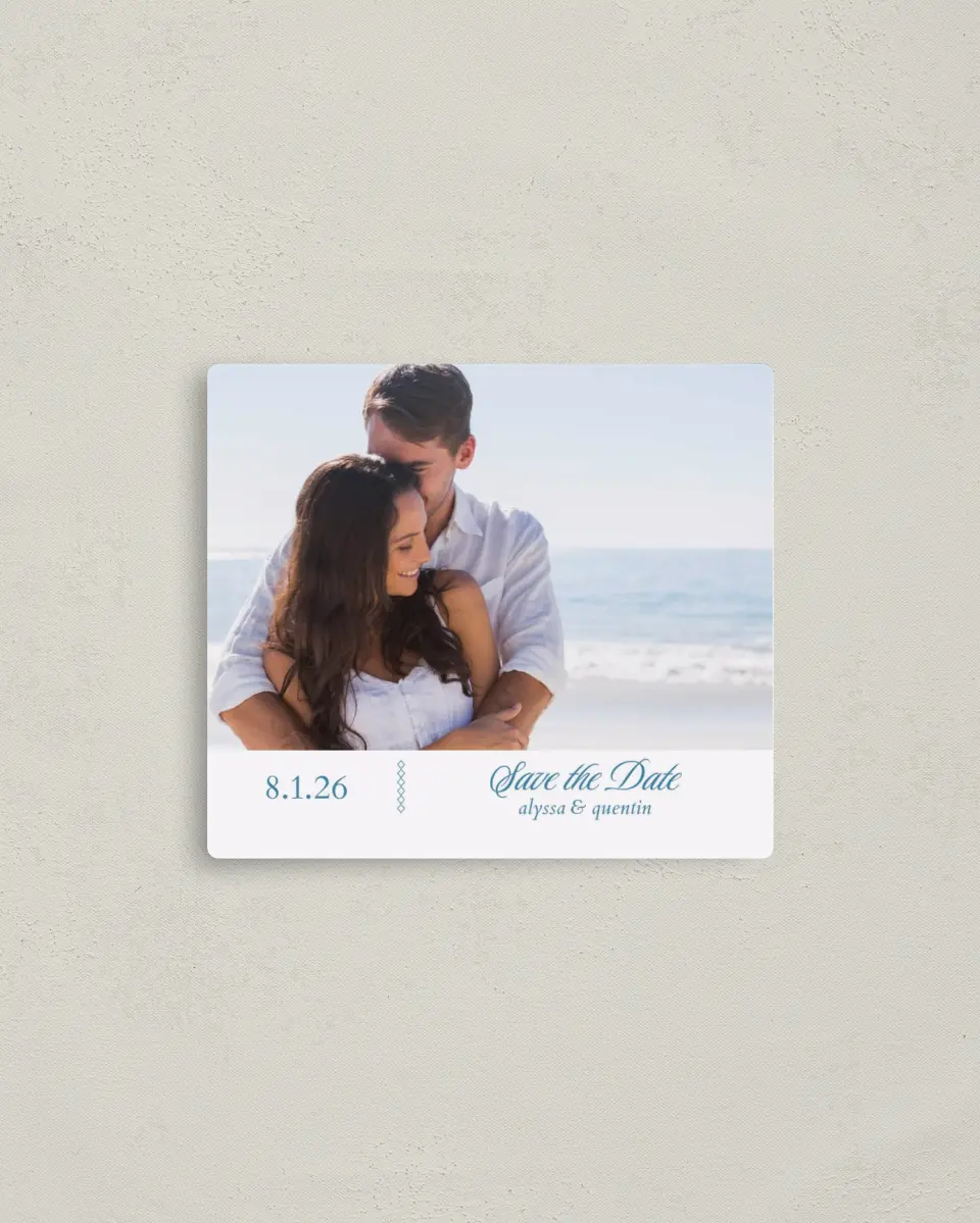This is a 3½" x 4" Save the Date Magnet called Opulence printed in full color with a Luxe Satin finish