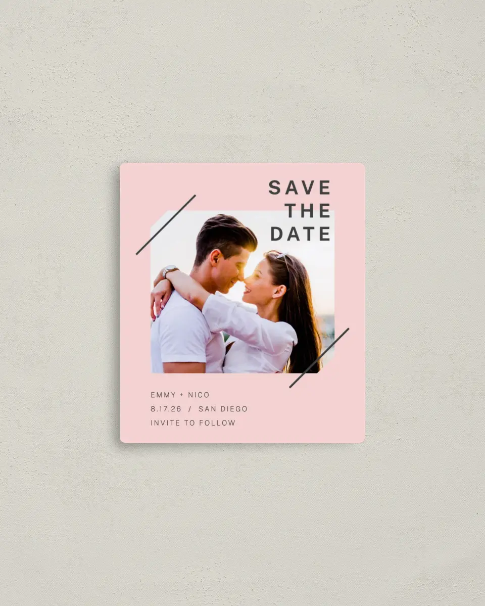 This is a 3½" x 4" Save the Date Magnet called Minimal Mod printed in full color with a Luxe Satin finish