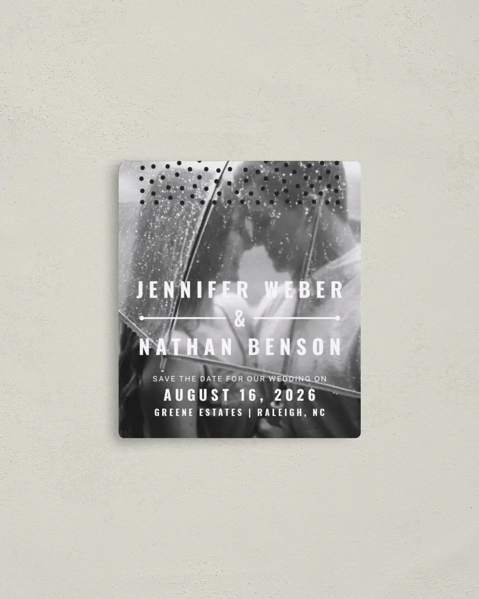 This is a 3½" x 4" Save the Date Magnet called Pop of Dots printed in full color with Rose Gold foil and a Luxe Satin finish