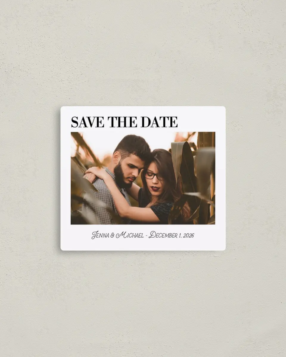 This is a 3½" x 4" Save the Date Magnet called Simply True printed in full color with a Luxe Satin finish