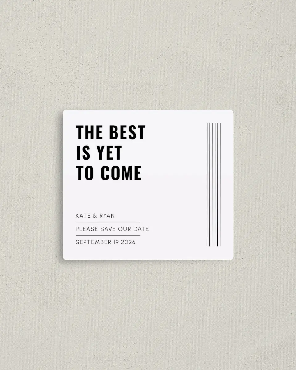 This is a 3½" x 4" Save the Date Magnet called The Best of Us printed in full color with a Luxe Satin finish