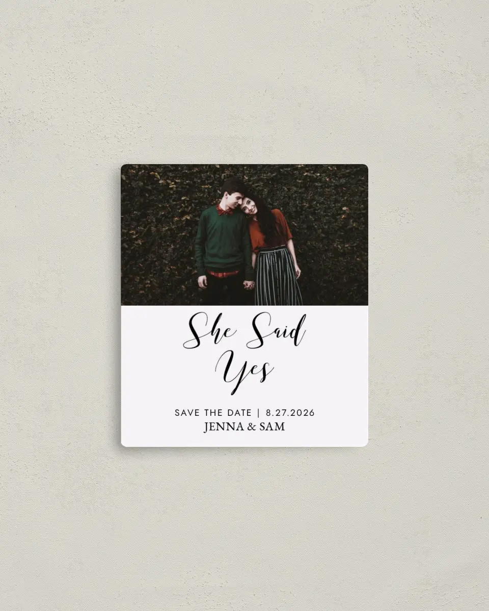 This is a 3½" x 4" Save the Date Magnet called Love's Whisper printed in full color with a Luxe Satin finish