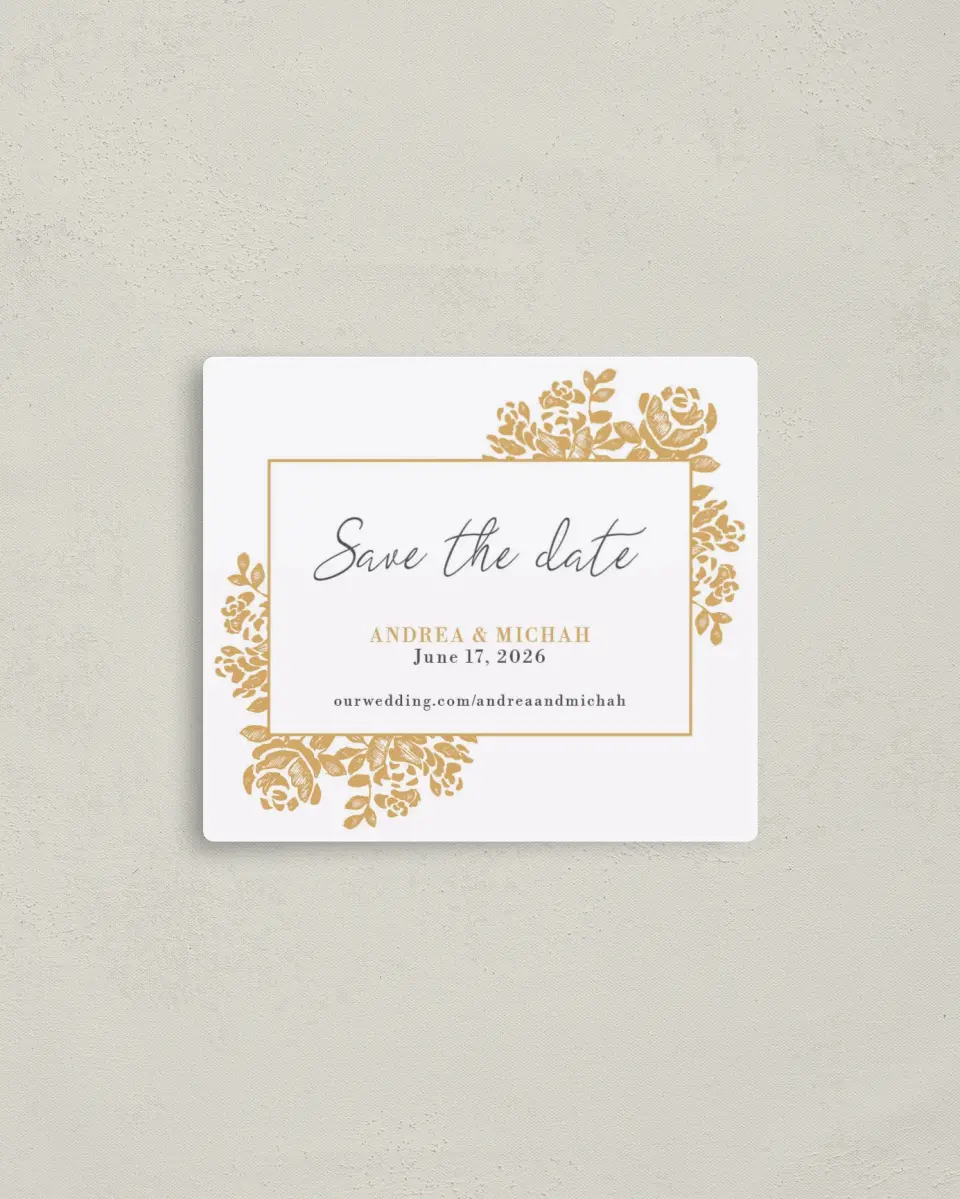 This is a 3½" x 4" Save the Date Magnet called Etched Elegance printed in full color with a Luxe Satin finish