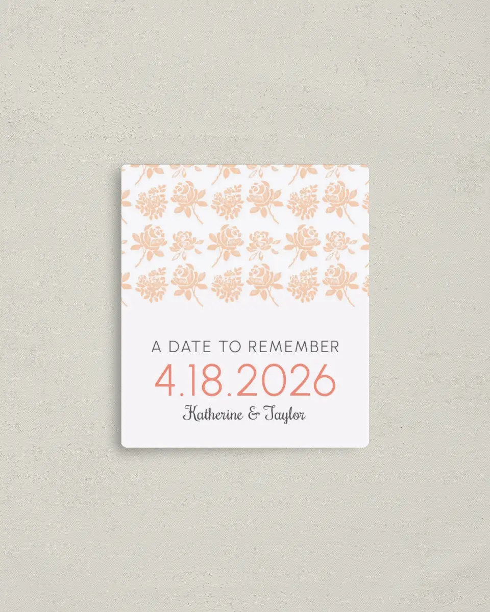 This is a 3½" x 4" Save the Date Magnet called Elegant Floral printed in full color with a Luxe Satin finish