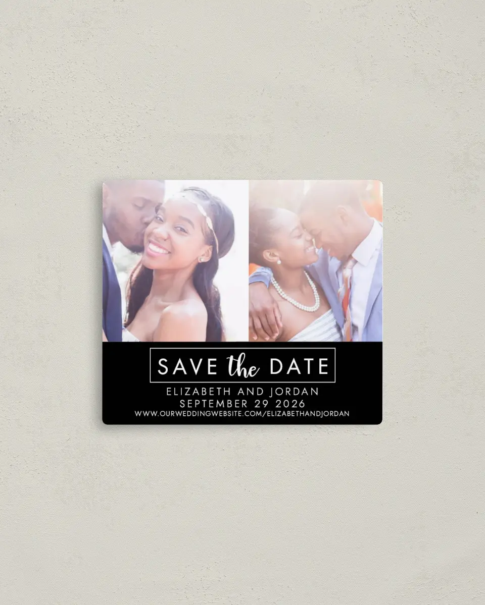 This is a 3½" x 4" Save the Date Magnet called Shiny Joy printed in full color with a Luxe Satin finish