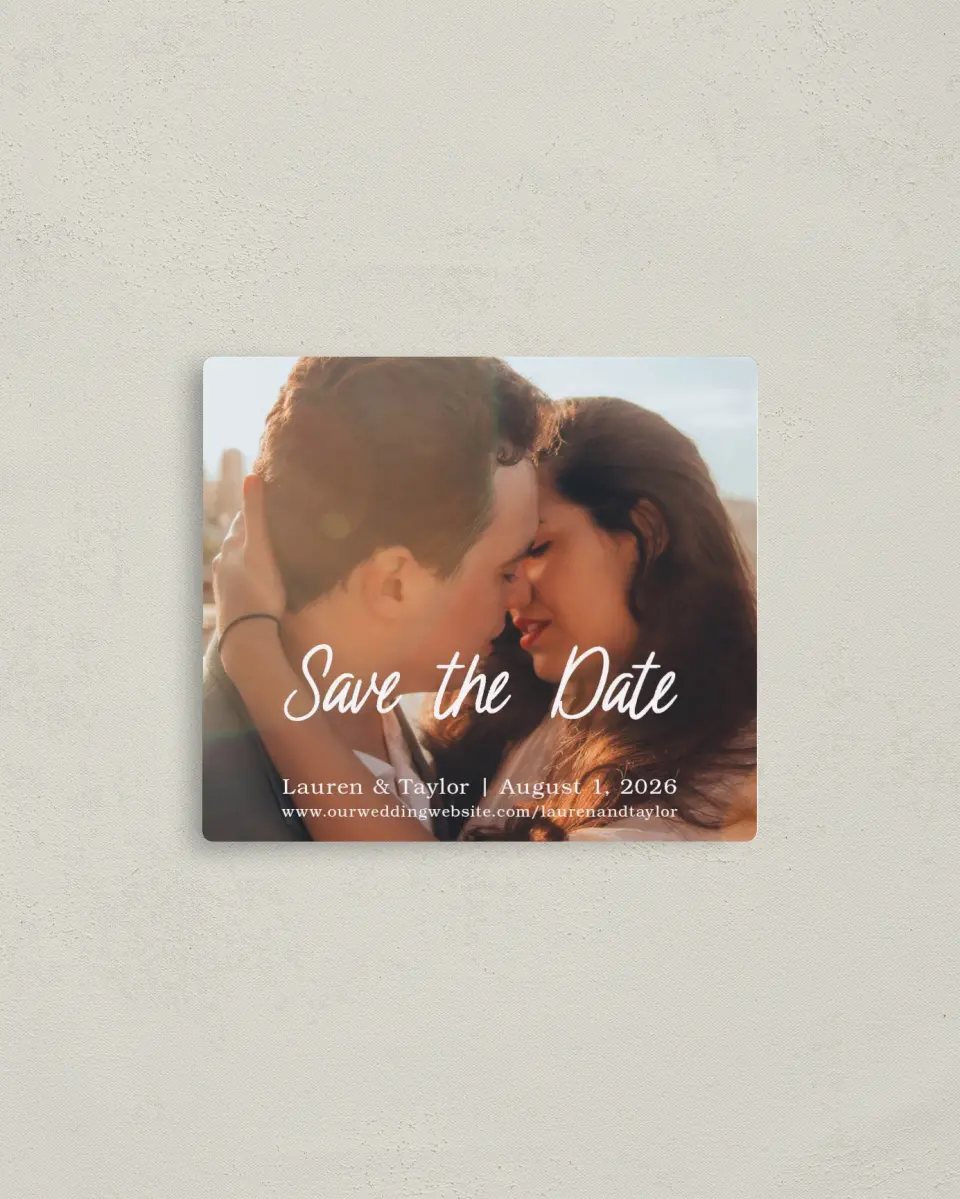 This is a 3½" x 4" Save the Date Magnet called Close to You printed in full color with a Luxe Satin finish