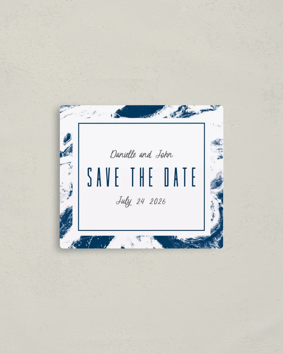 This is a 3½" x 4" Save the Date Magnet called Love in Motion printed in full color with a Luxe Satin finish