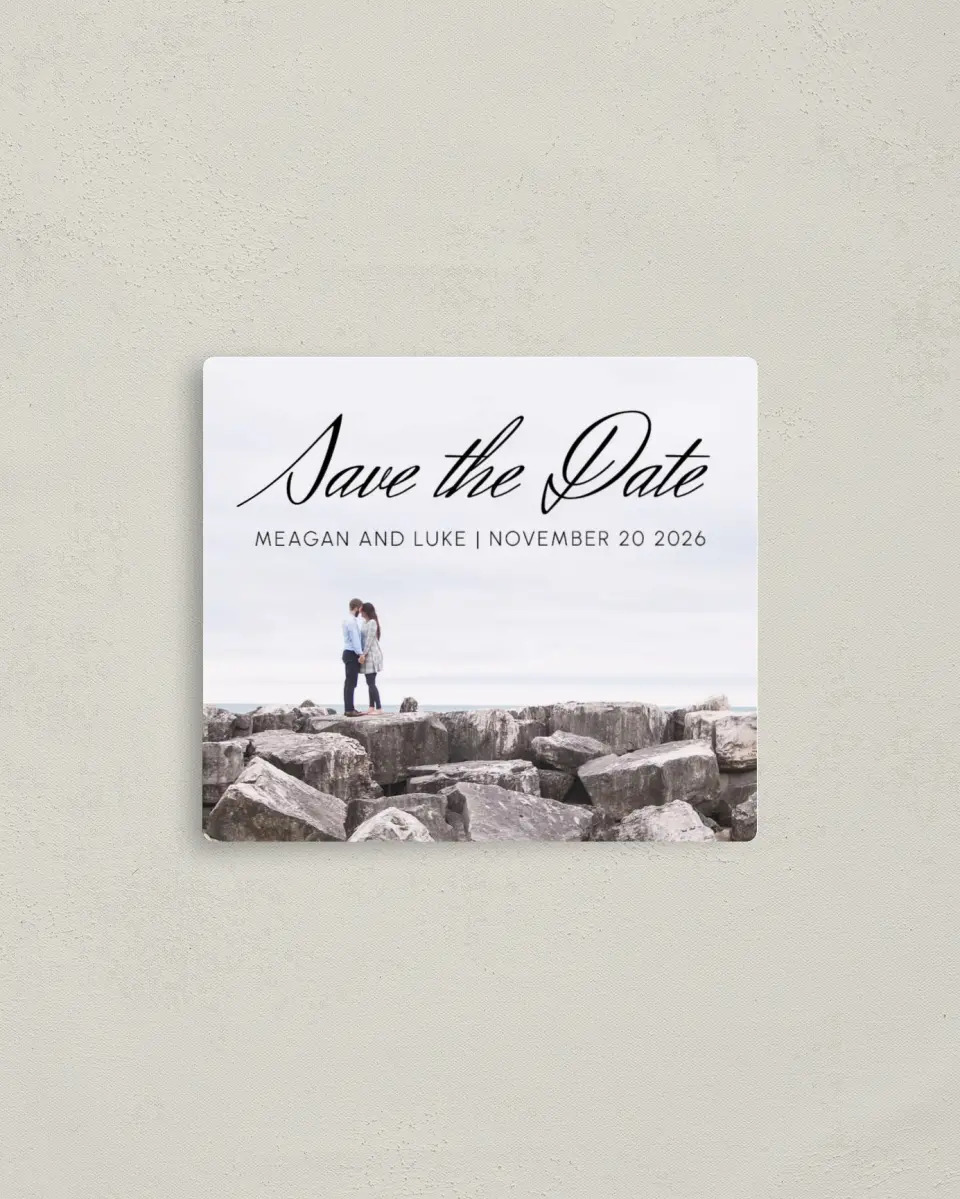 This is a 3½" x 4" Save the Date Magnet called Tranquility printed in full color with a Luxe Satin finish