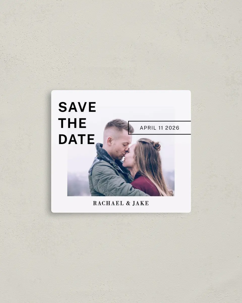 This is a 3½" x 4" Save the Date Magnet called You.Me.Forever. printed in full color with a Luxe Satin finish