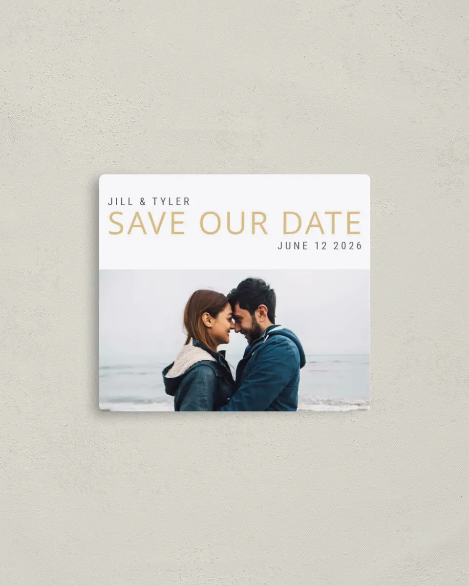 This is a 3½" x 4" Save the Date Magnet called You're the Reason printed in full color with a Luxe Satin finish