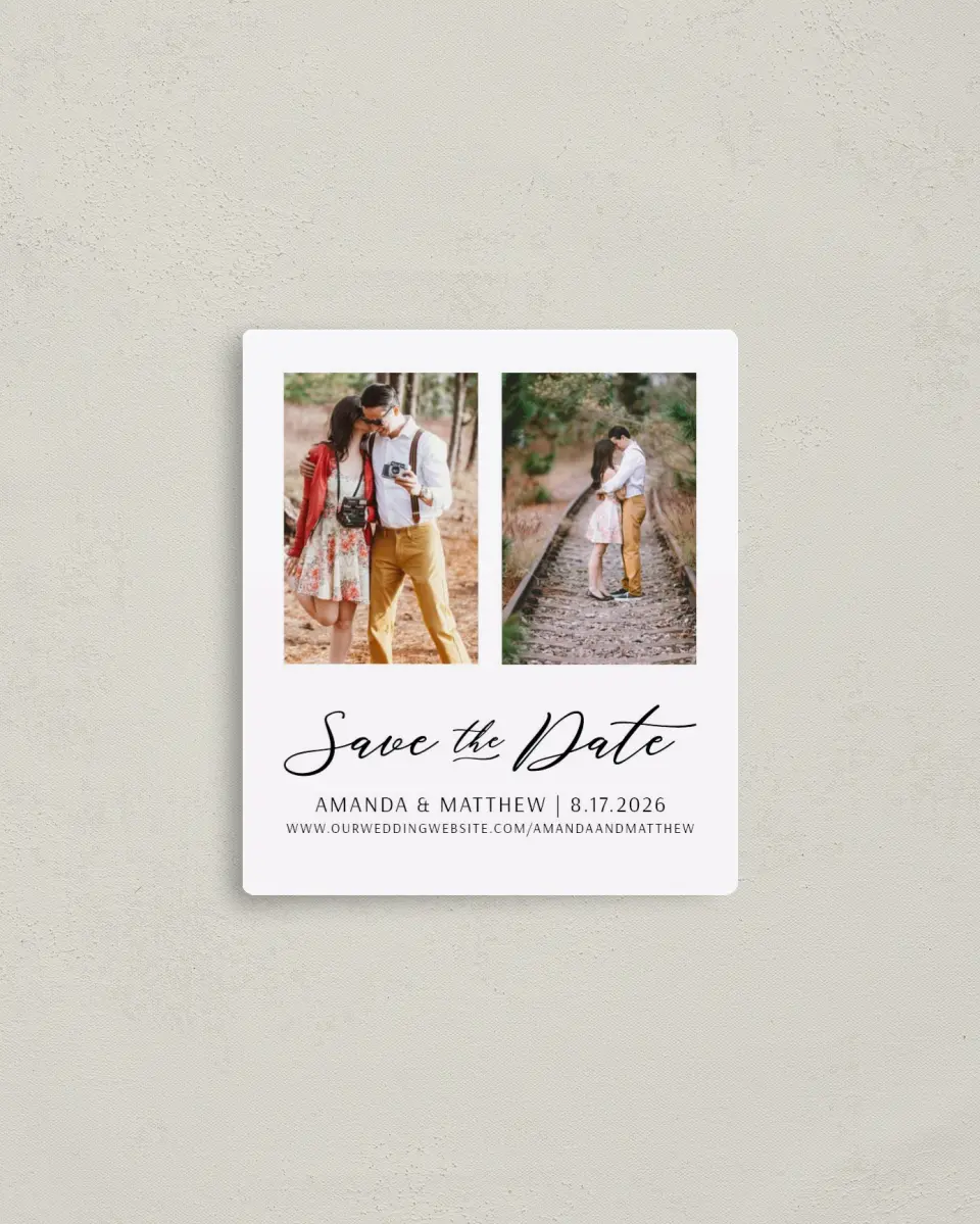This is a 3½" x 4" Save the Date Magnet called Lost in Love printed in full color with Gold foil and a Luxe Satin finish
