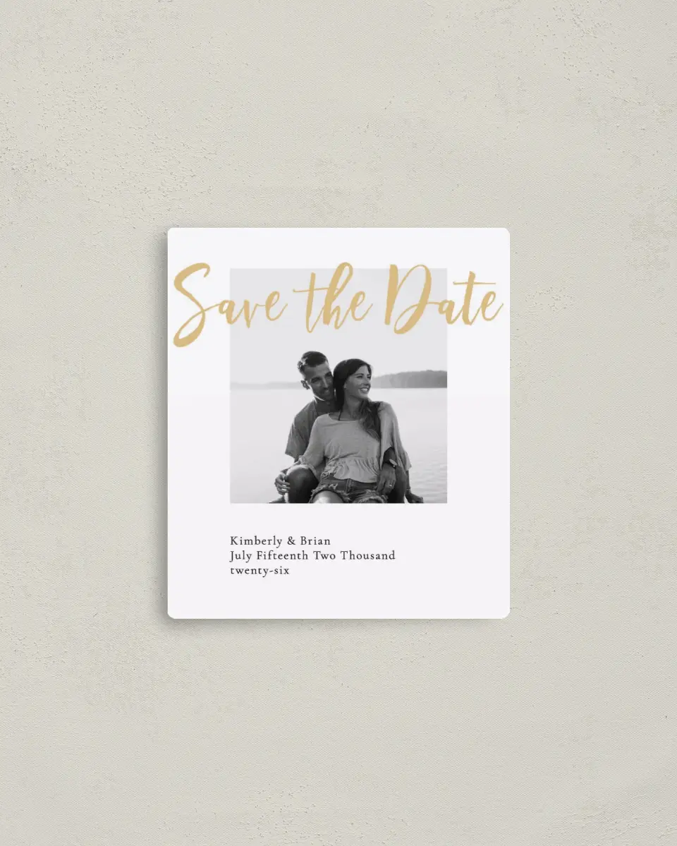 This is a 3½" x 4" Save the Date Magnet called Adjoining Love printed in full color with a Luxe Satin finish