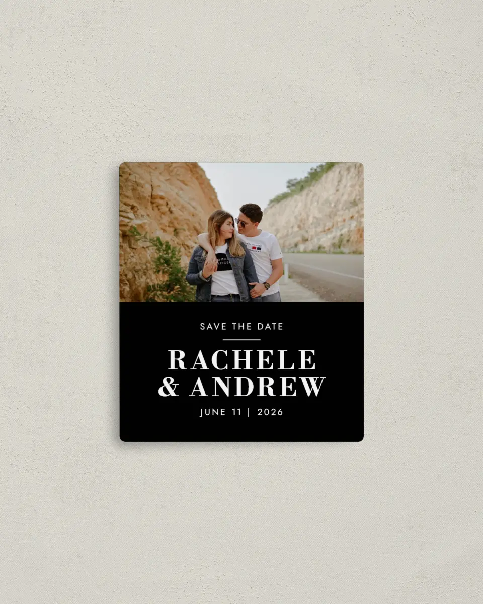 This is a 3½" x 4" Save the Date Magnet called Love Boldly printed in full color with Silver foil and a Luxe Satin finish