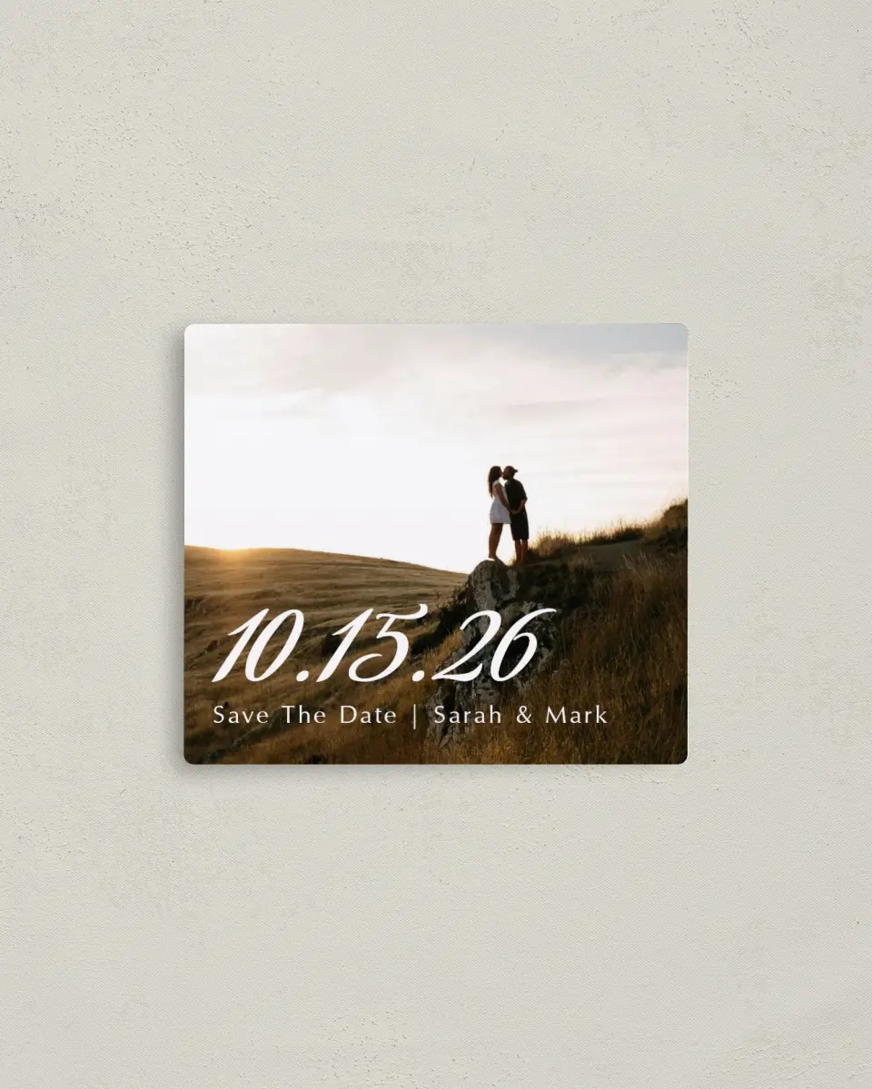 This is a 3½" x 4" Save the Date Magnet called Rustic Diamond printed in full color with Gold foil and a Luxe Satin finish