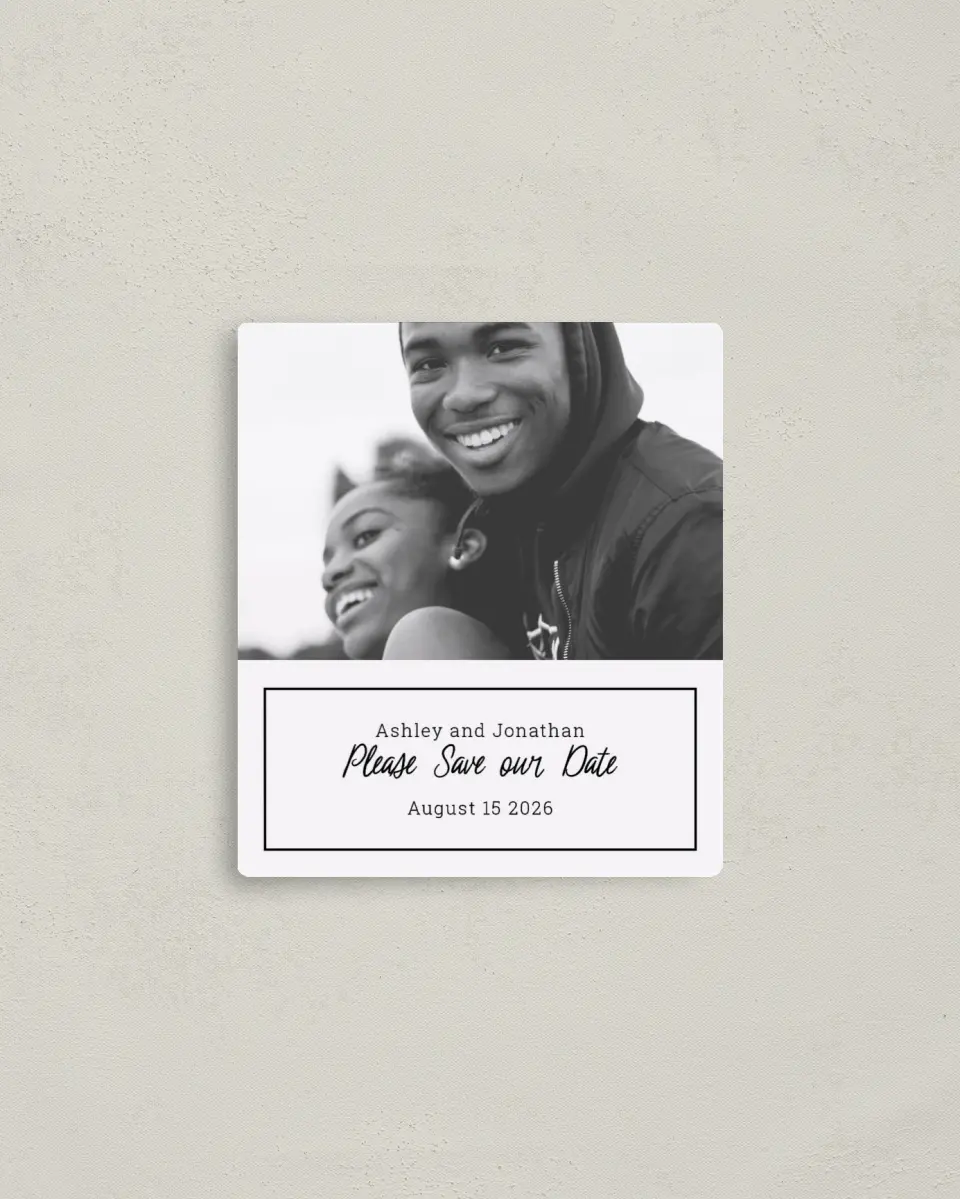 This is a 3½" x 4" Save the Date Magnet called Romantic Splash printed in full color with a Luxe Satin finish
