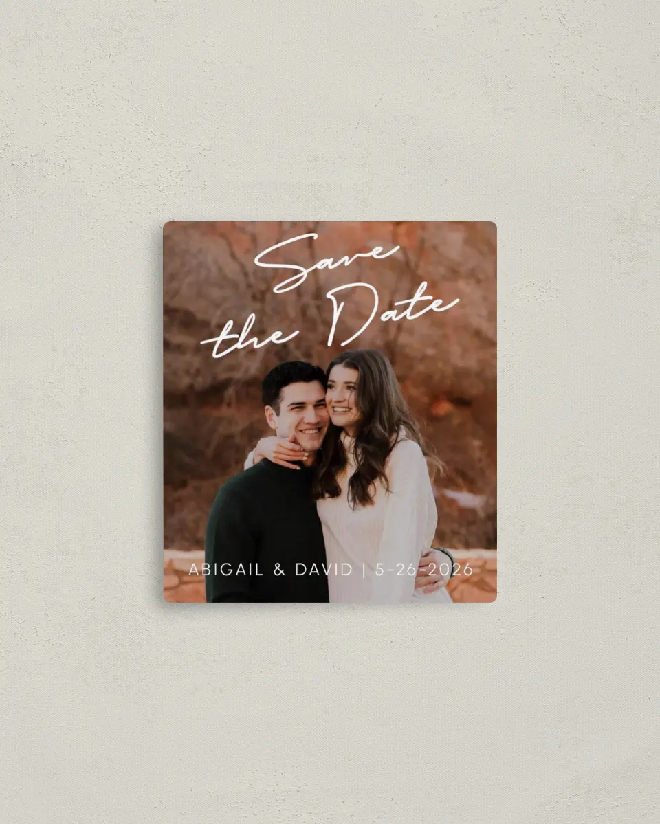 This is a 3½" x 4" Save the Date Magnet called Sunset Vision printed in full color with Silver foil and a Luxe Satin finish