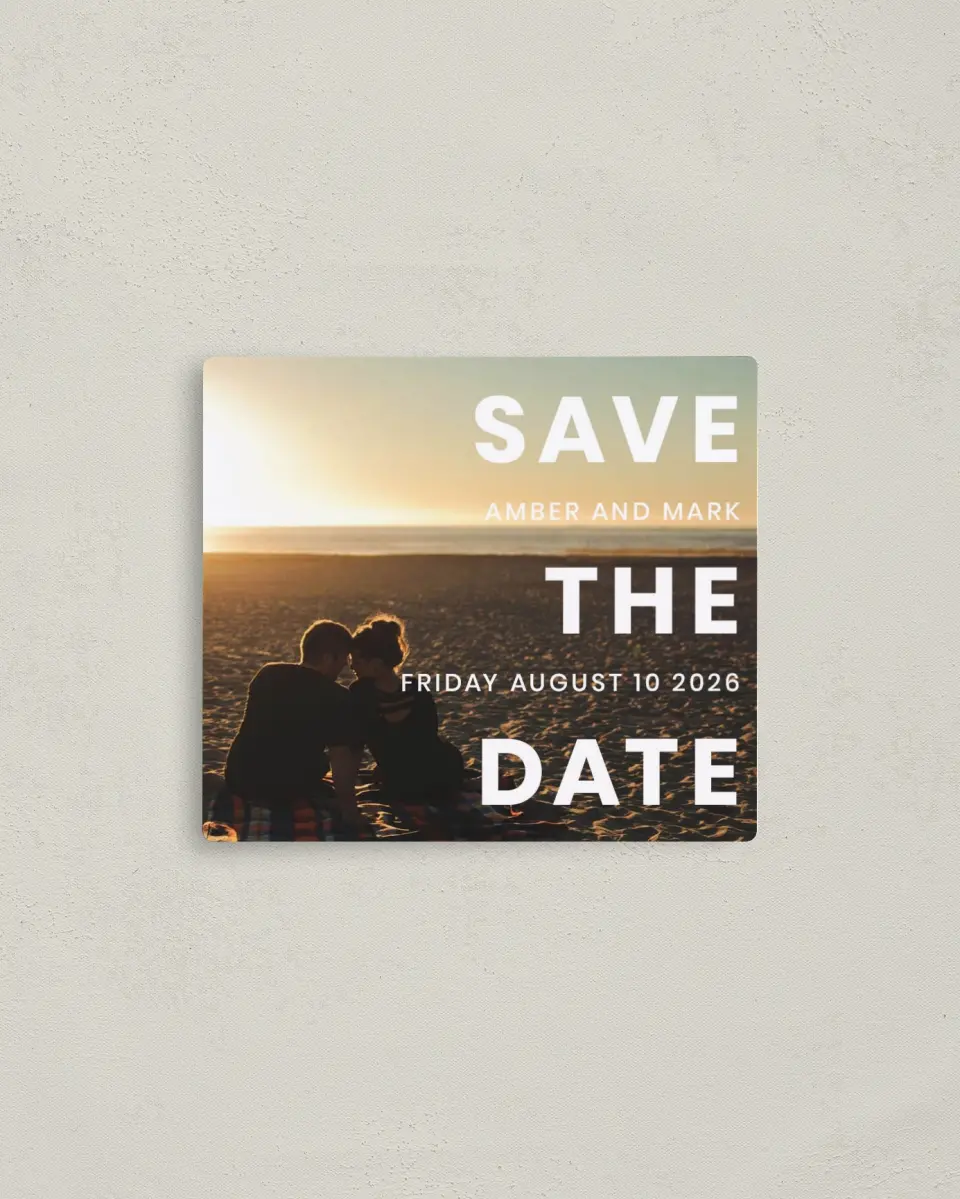 This is a 3½" x 4" Save the Date Magnet called Dusk Beauty printed in full color with a Luxe Satin finish