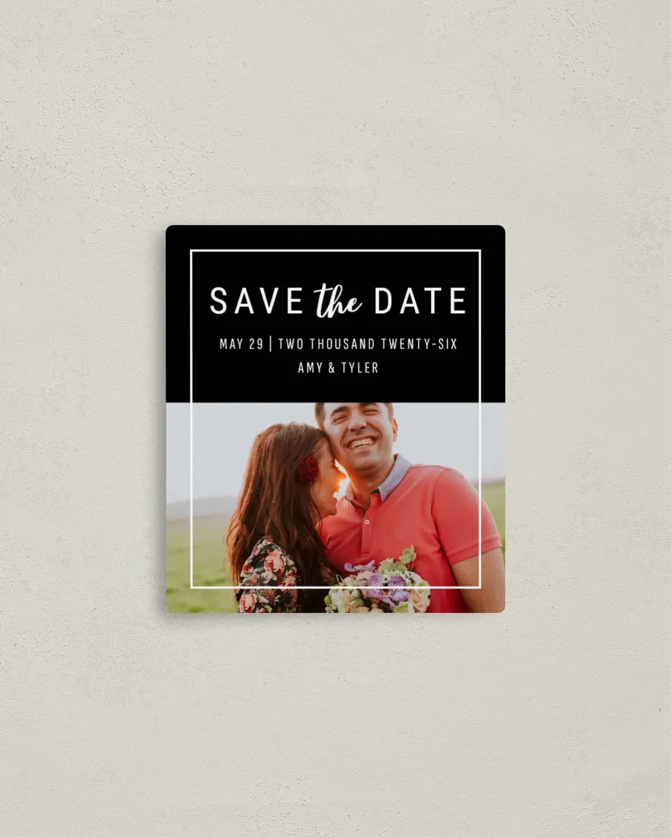 This is a 3½" x 4" Save the Date Magnet called Bold & Daring printed in full color with Rose Gold foil and a Luxe Satin finish