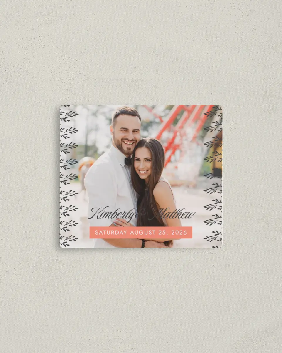 This is a 3½" x 4" Save the Date Magnet called Fancy Foliage printed in full color with a Luxe Satin finish