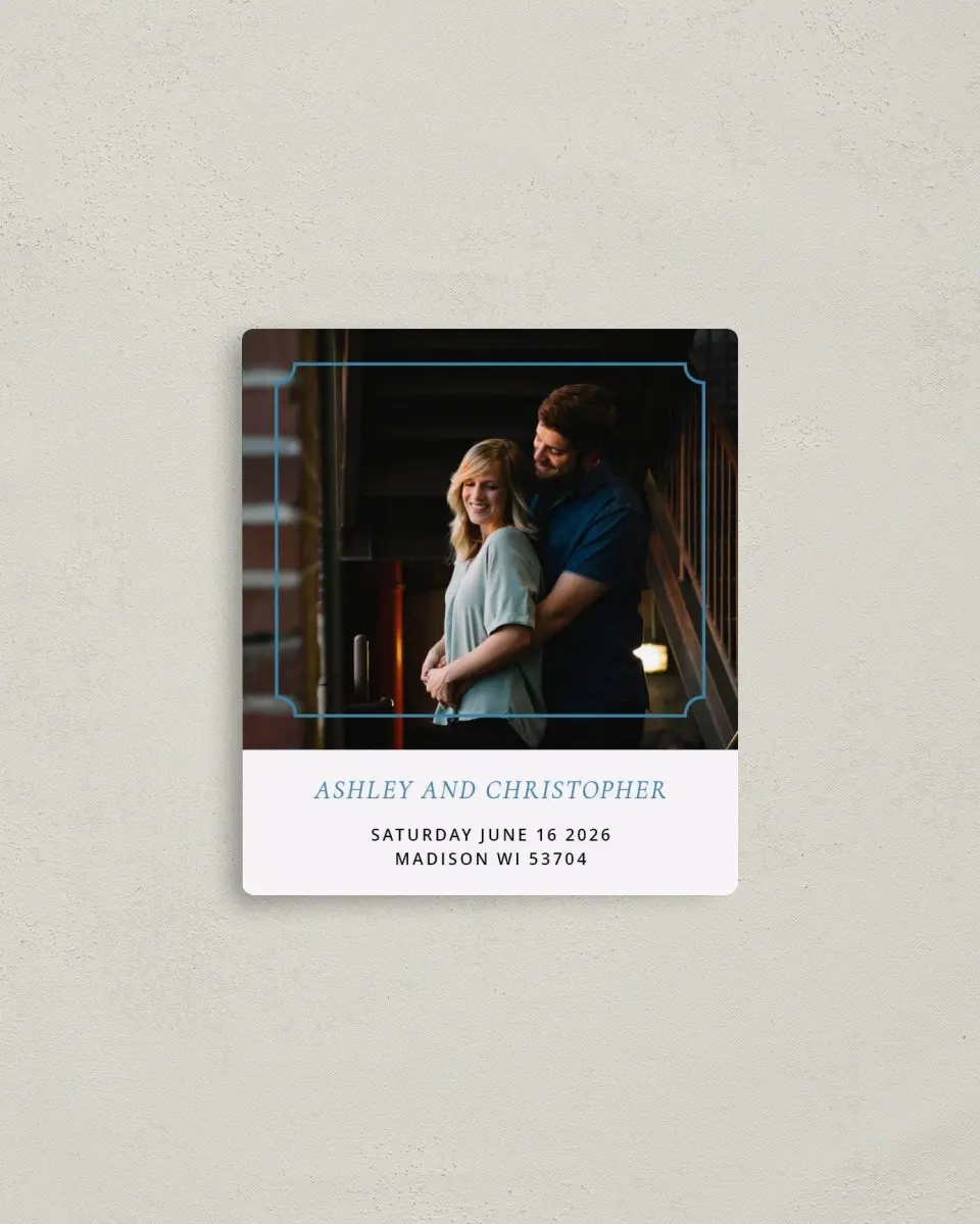 This is a 3½" x 4" Save the Date Magnet called Gilded Ampersand printed in full color with a Luxe Satin finish