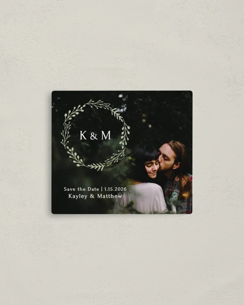 This is a 3½" x 4" Save the Date Magnet called Enchanting Crown printed in full color with Silver foil and a Luxe Satin finish