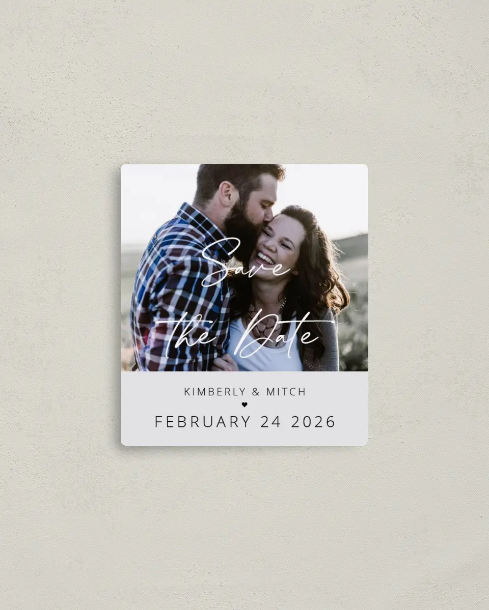 This is a 3½" x 4" Save the Date Magnet called Harmonious Hearts printed in full color with a Luxe Satin finish