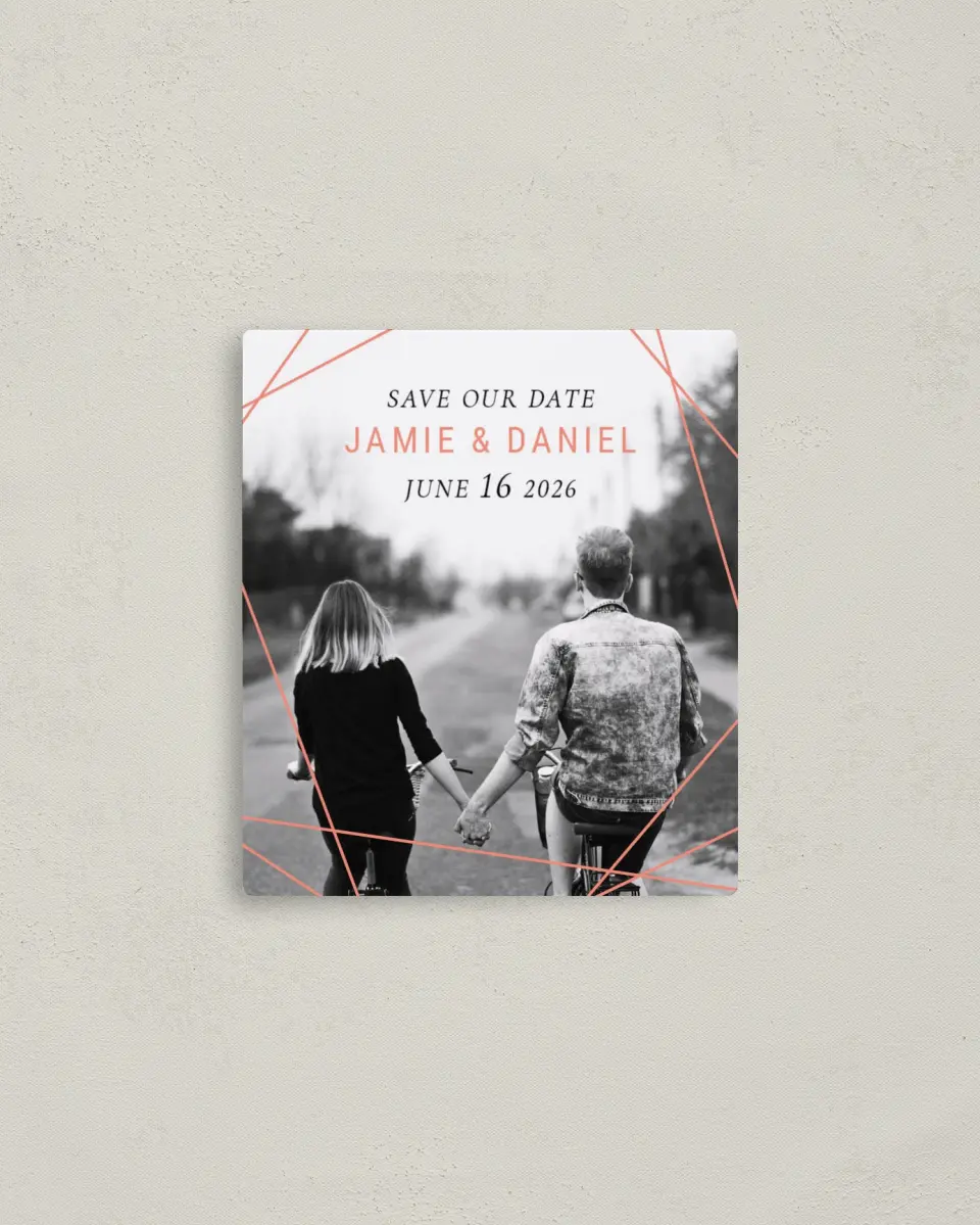 This is a 3½" x 4" Save the Date Magnet called Starcrossed Love printed in full color with a Luxe Satin finish