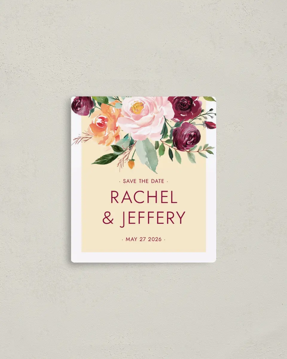 This is a 3½" x 4" Save the Date Magnet called Country Florals printed in full color with a Luxe Satin finish
