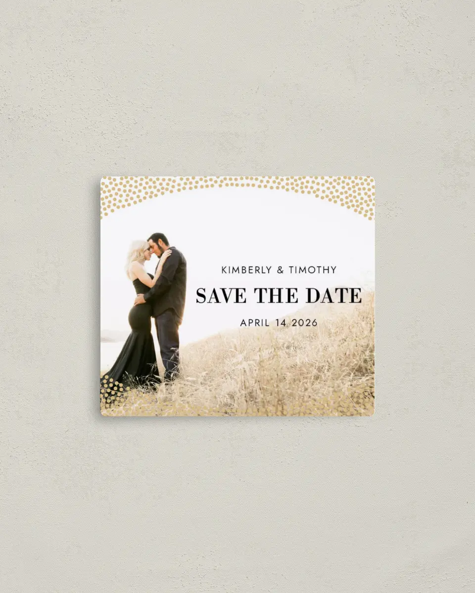 This is a 3½" x 4" Save the Date Magnet called Dreamy Dots printed in full color with Gold foil and a Luxe Satin finish